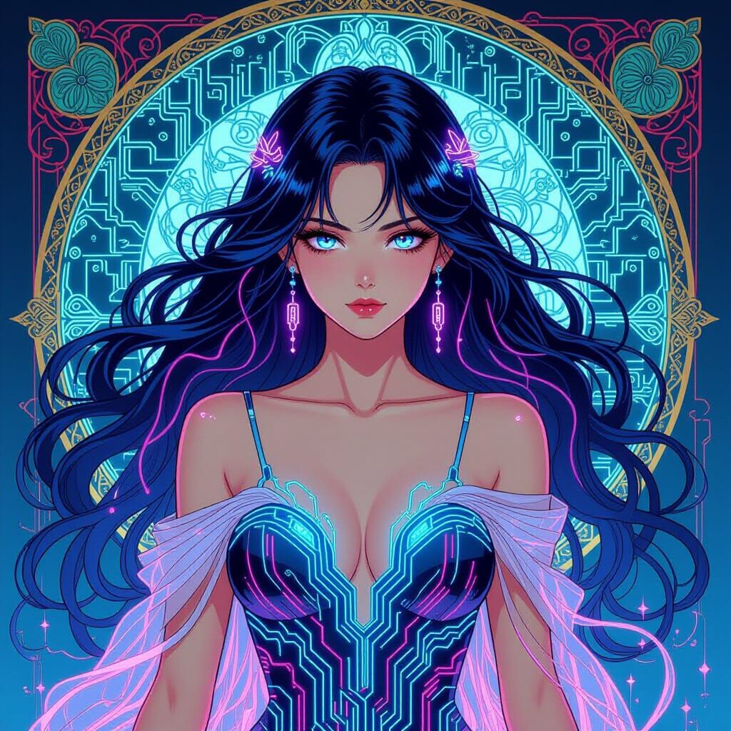 Anime Goddess of the Digital World in Art Nouveau Style