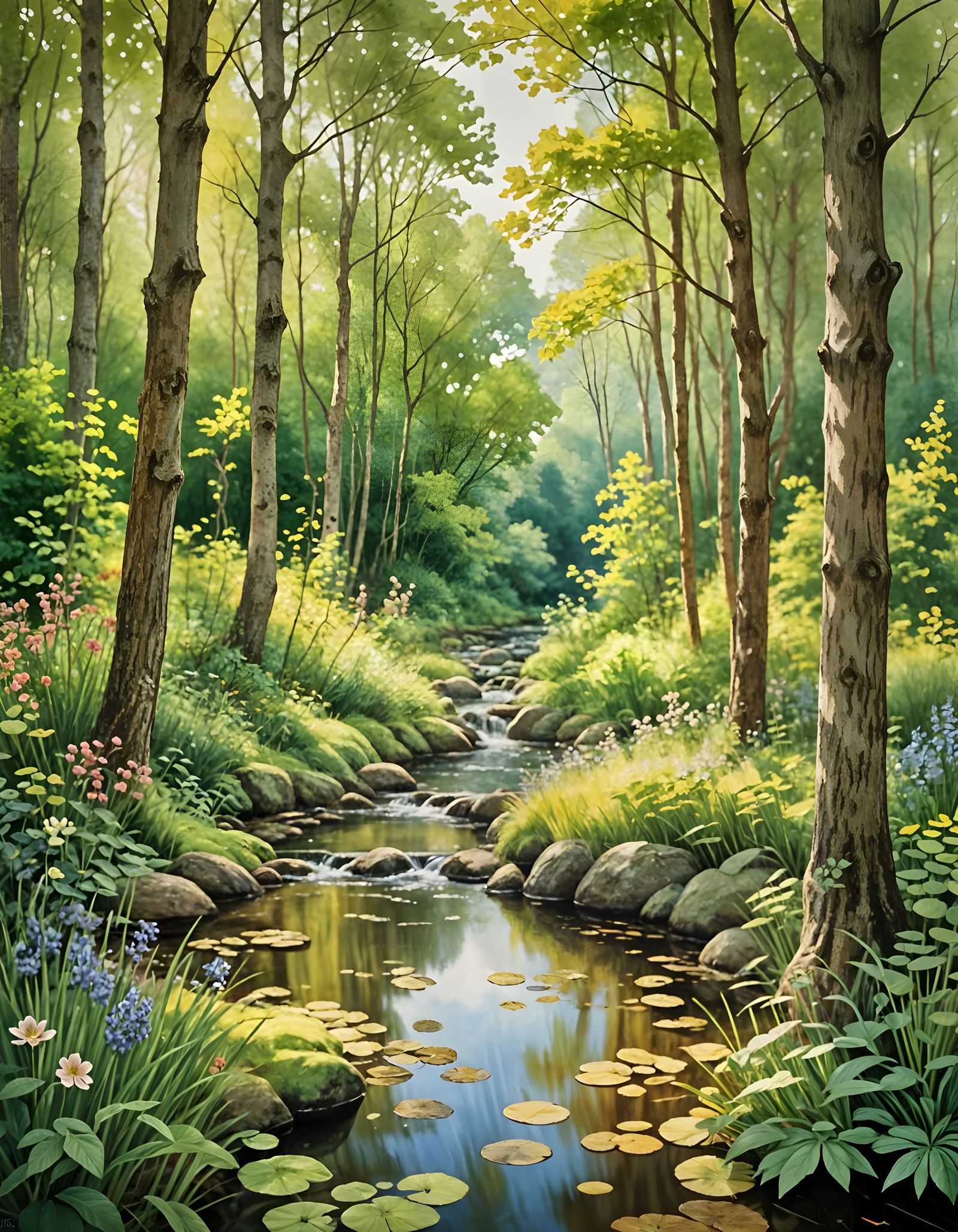 Whimsical Spring Watercolor Landscape