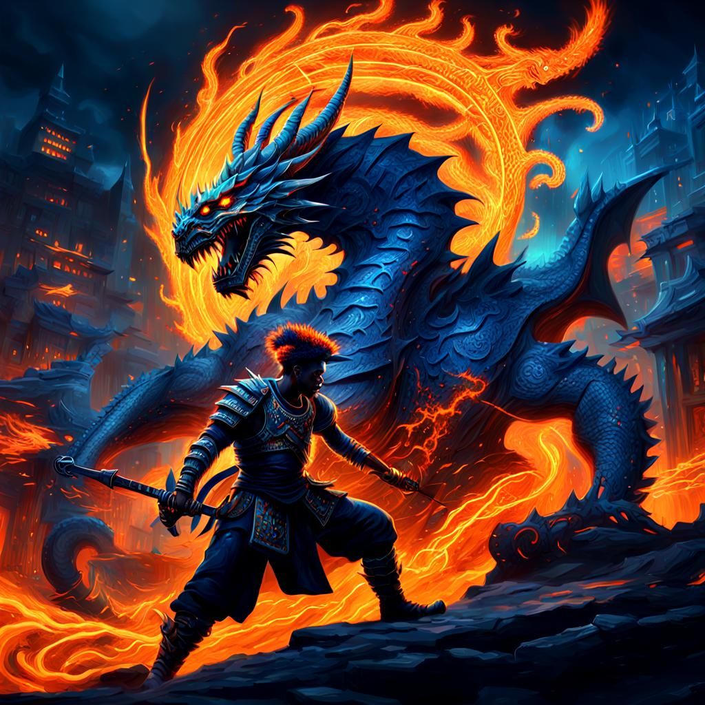 Warrior Battles Dragon in Neo-Expressionist Style