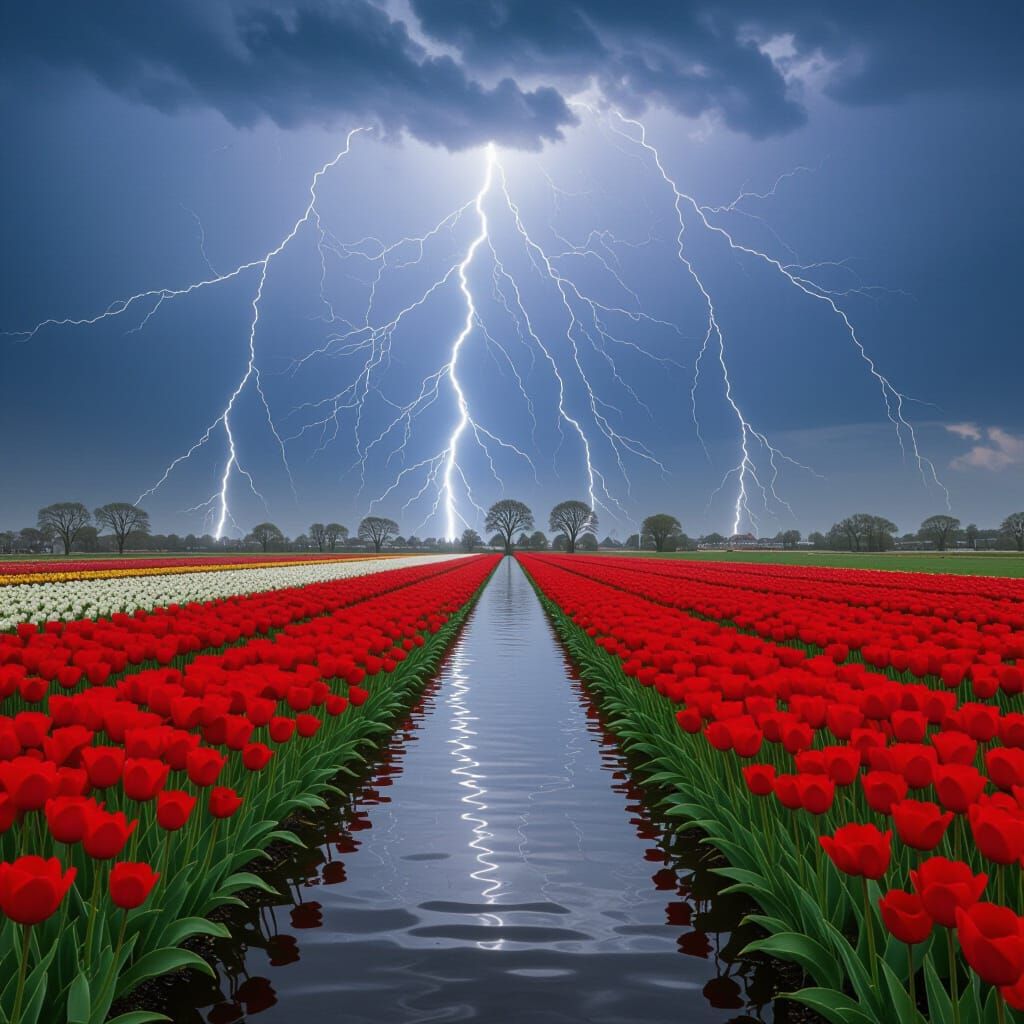 Dutch Canal Scene with Red Tulips in Storm