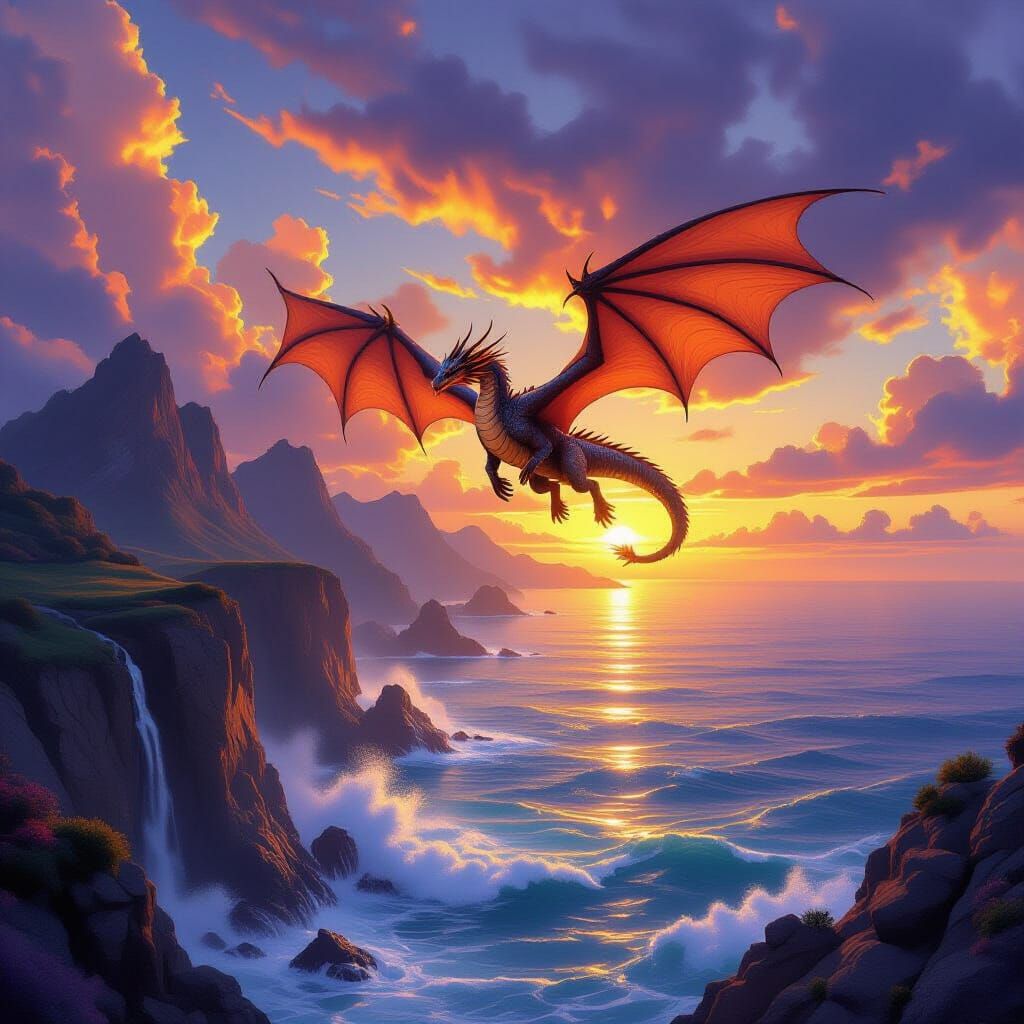 Majestic Dragon Soaring Over Coastal Mountains at Sunset