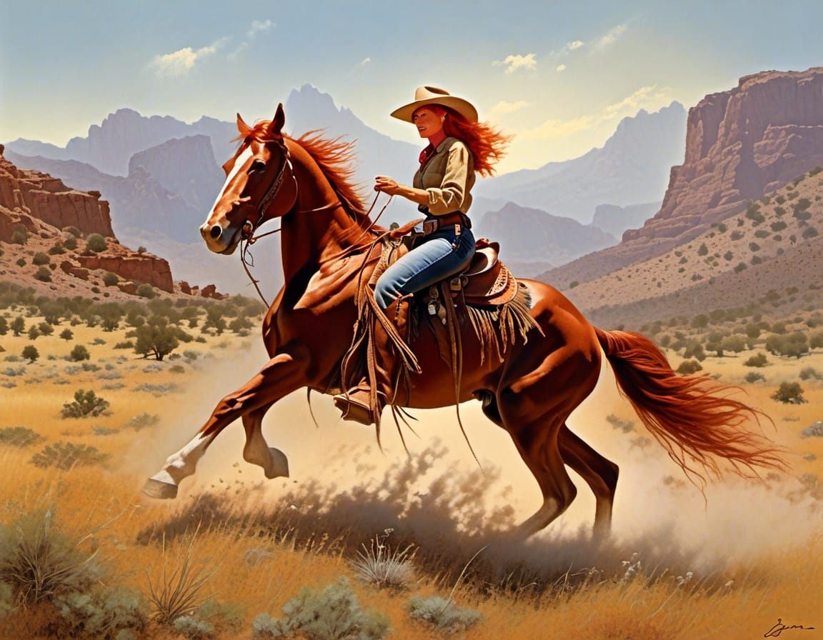 Cowgirl on Pinto Horse Illustration in Hyperreal Style
