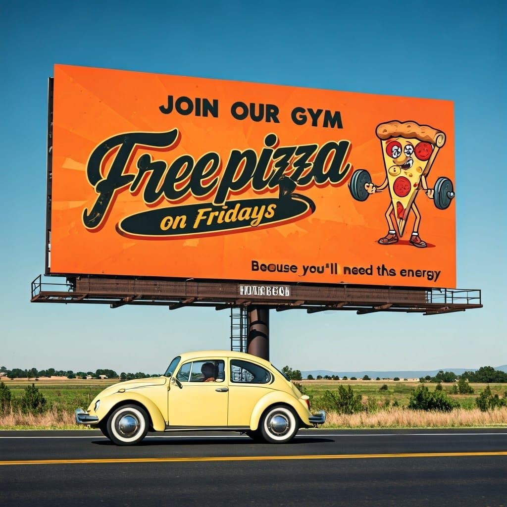 VW Beetle Drives by a Humorous Gym Billboard