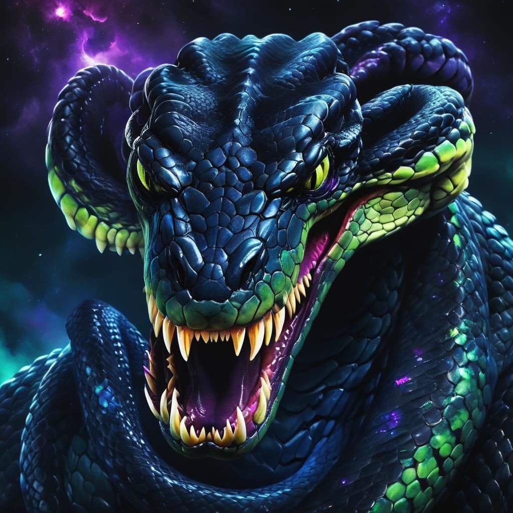 Venomous Snake Rises from Dark Nebula in Vivid Digital Art