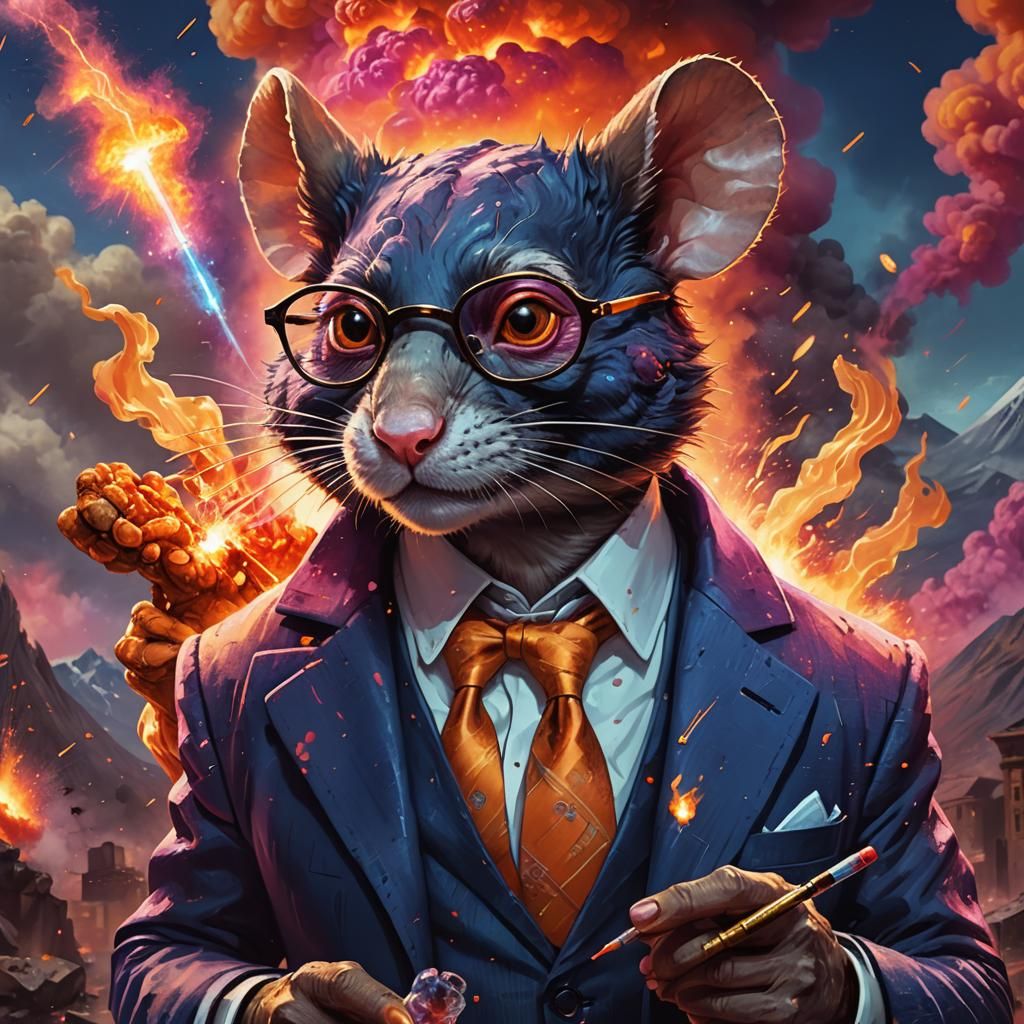 Mouse Doctor in Front of Erupting Volcano