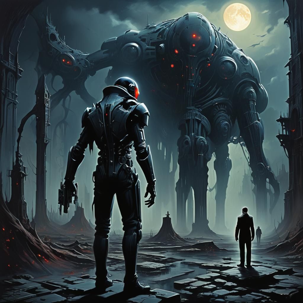 Dark Gothic Sci-Fi Painting in Di Fate Style