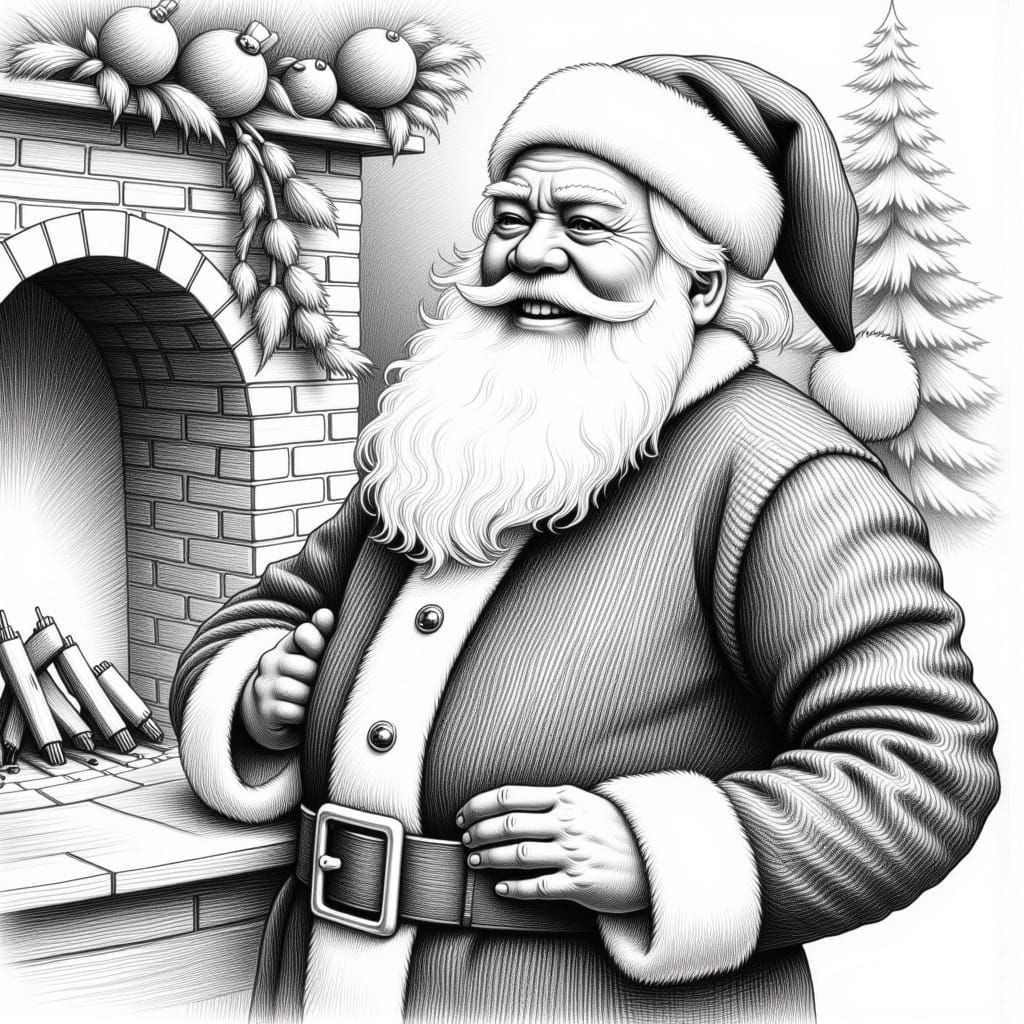 Jovial Santa Claus in Classic Black and White Pencil Sketch....