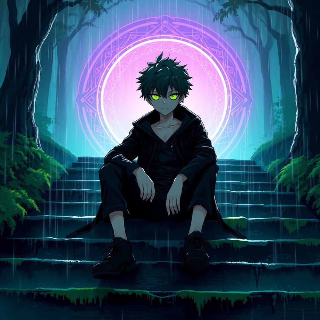 Mysterious Anime Boy in Emerald Twilight