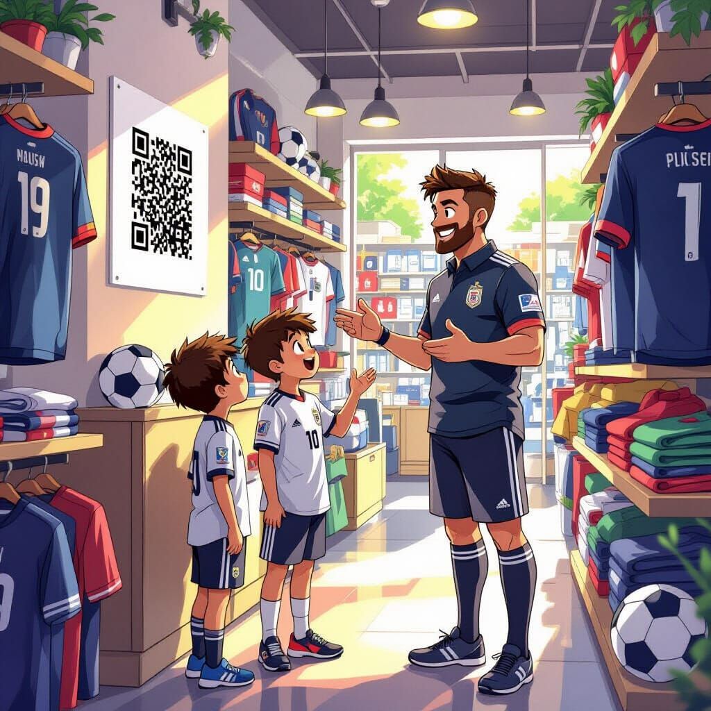 Father and Son Explore Soccer Store with QR Code