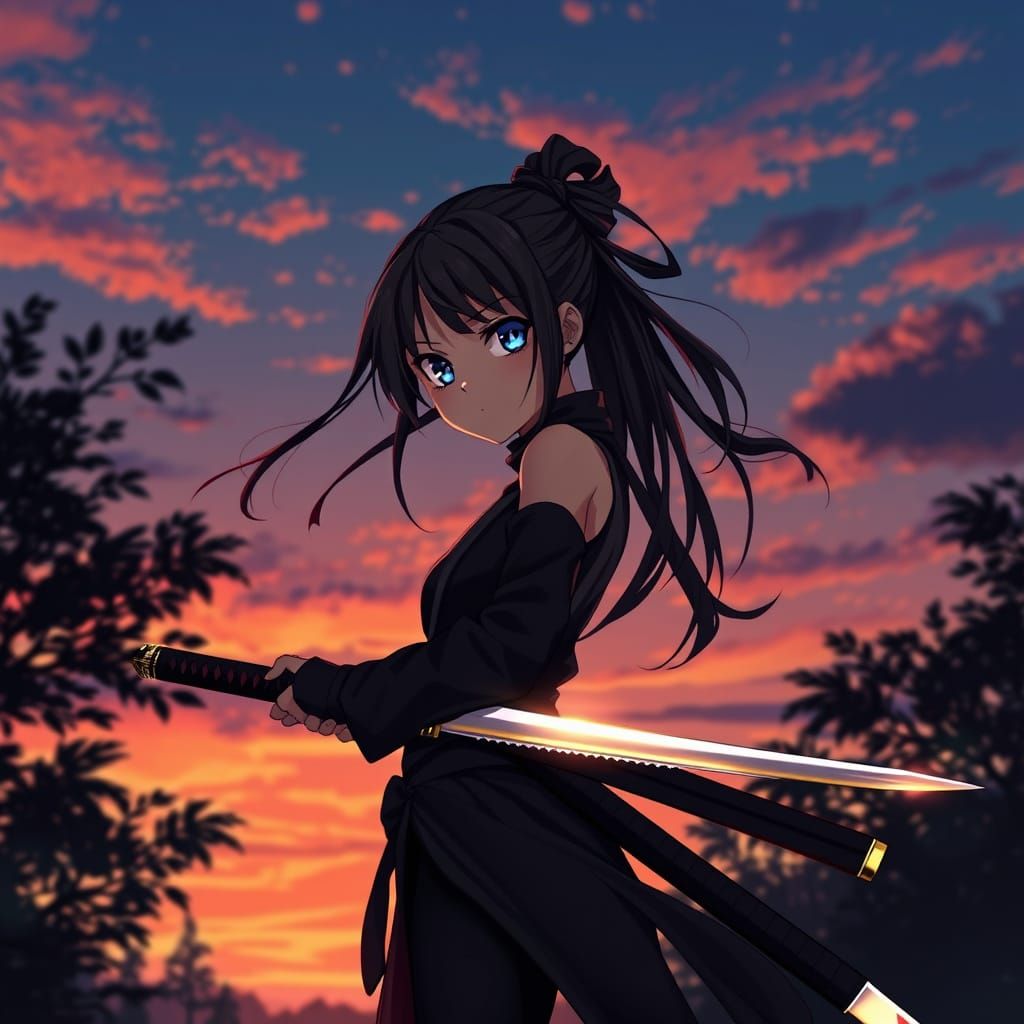 Anime-Style Girl Ninja Standing Poised Under Twilight Sky