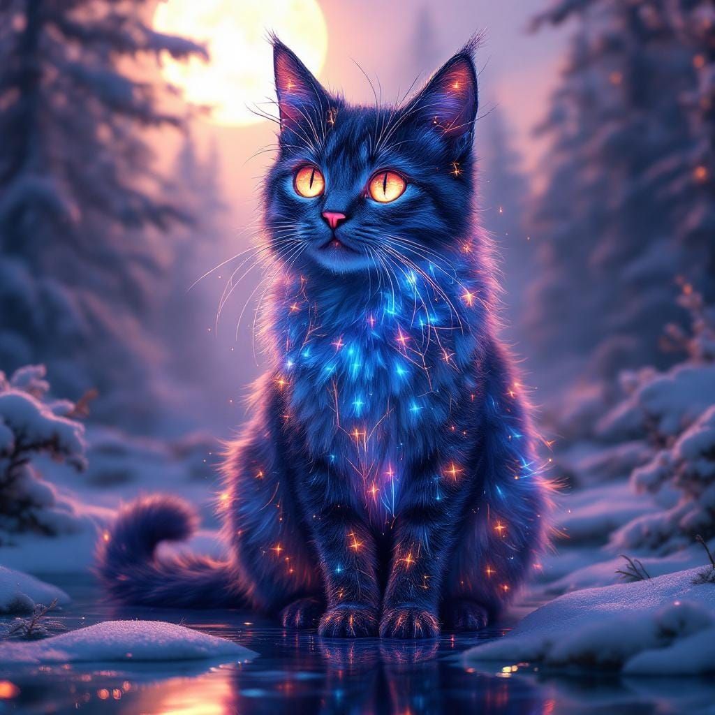 Neon Cat Reflecting Winter Forest, Psychedelic Art