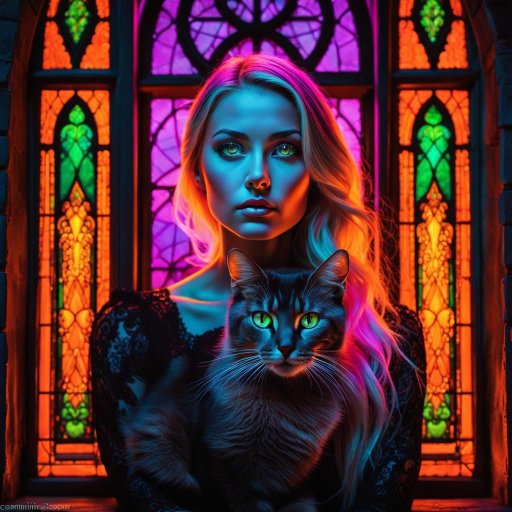 Striking UV Portrait of Woman and Cat