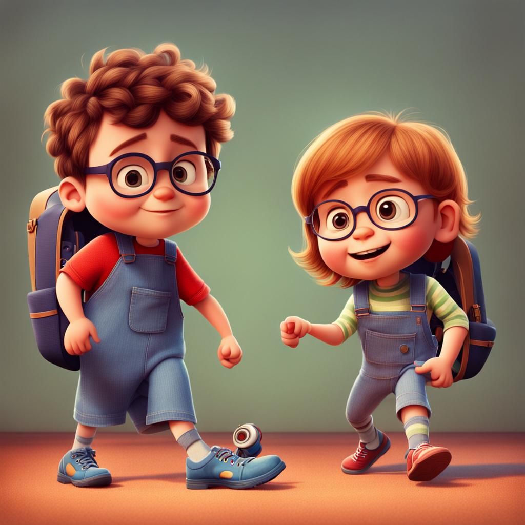 Two Cute Kids Playing in Pixar Style