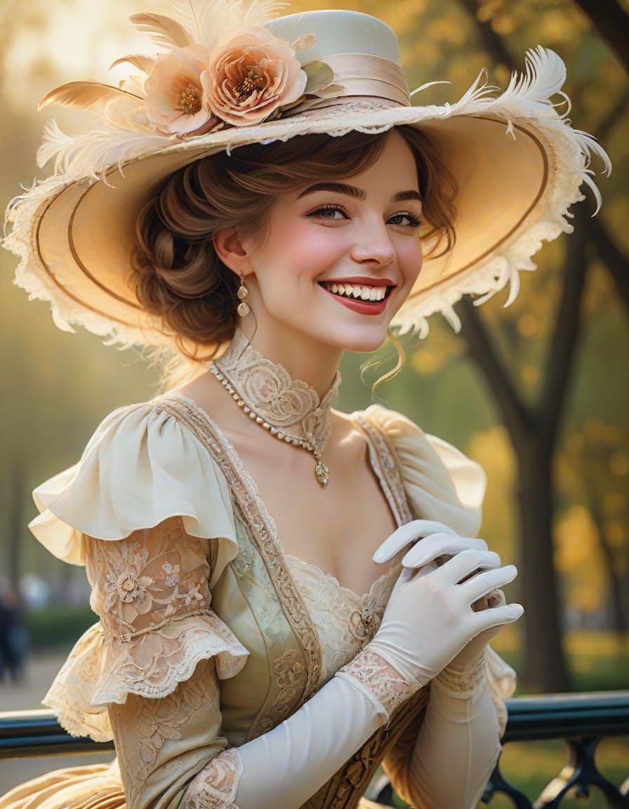 Edwardian Woman Laughing in Parisian Park, Art Nouveau