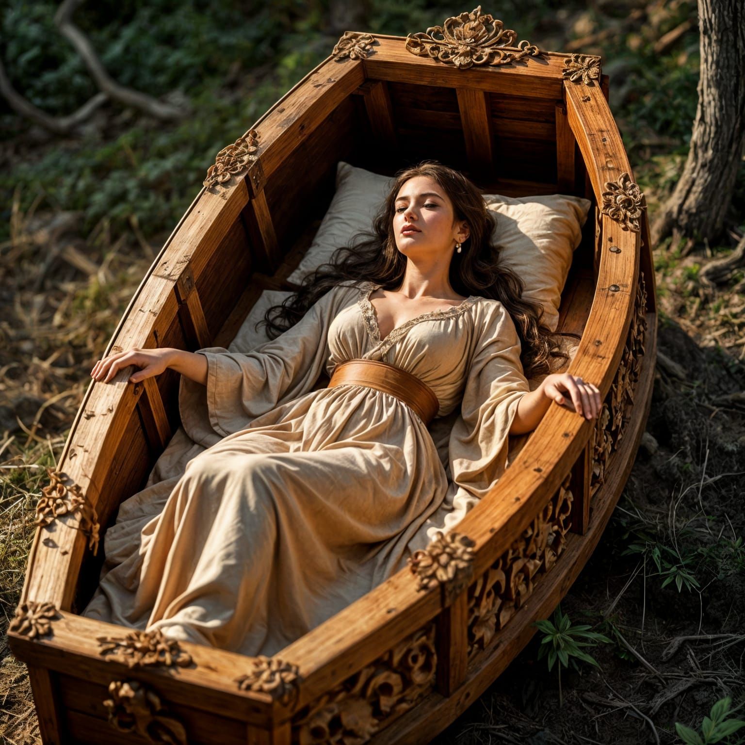 Wooden Woman Sculpture in Open Coffin