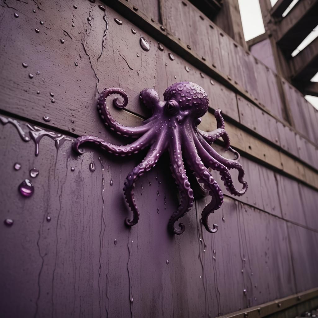 Purple Octopus Ascends Bridge in Cinematic Style