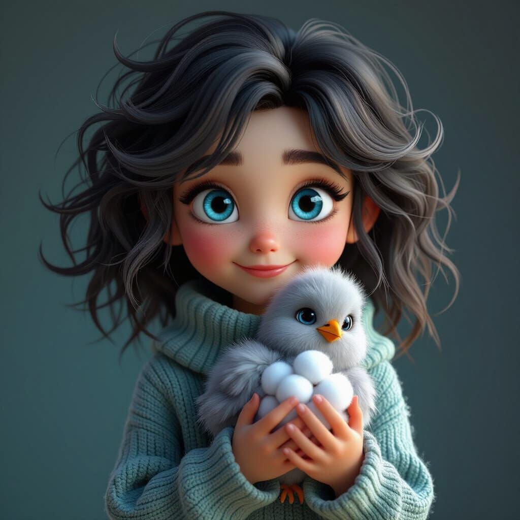 Girl Holds Fluffy Chicken in Moody 3D Digital Art