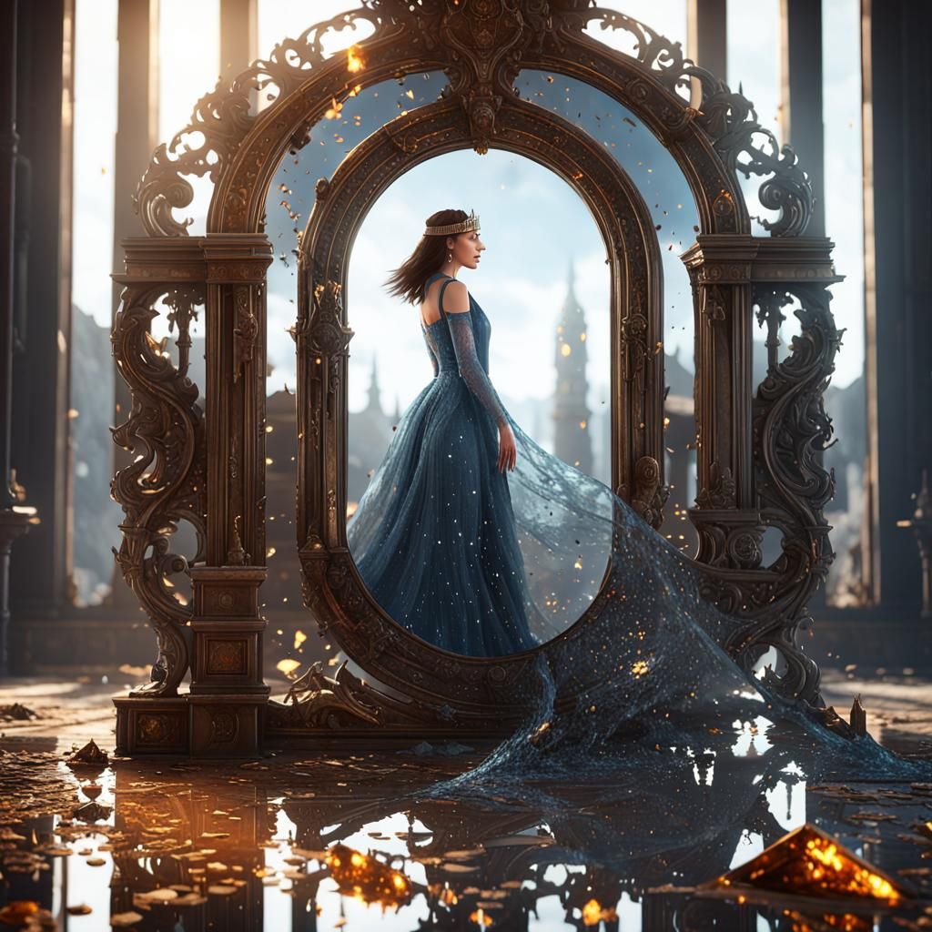 Elegant Queen Trapped in Shattered Mirror in 3D