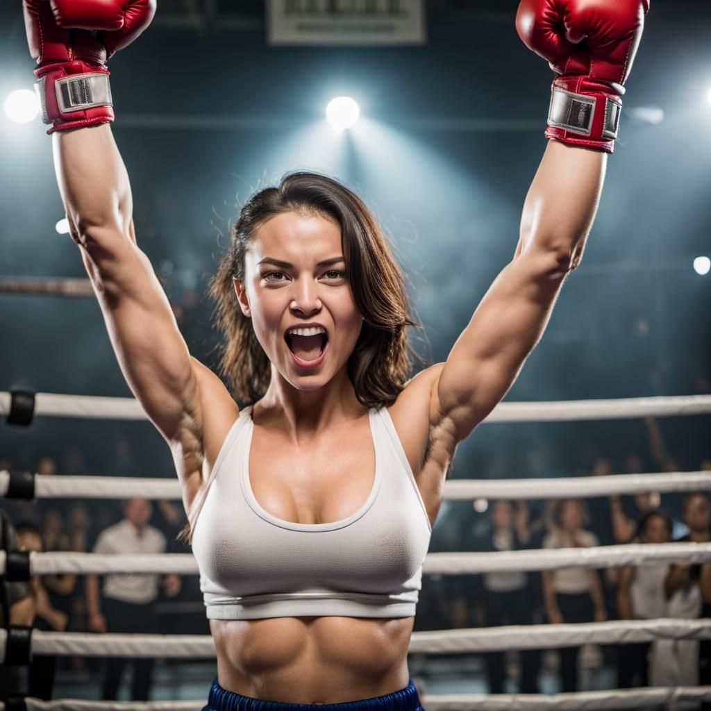 Victorious Woman Boxer Celebrates in Ring