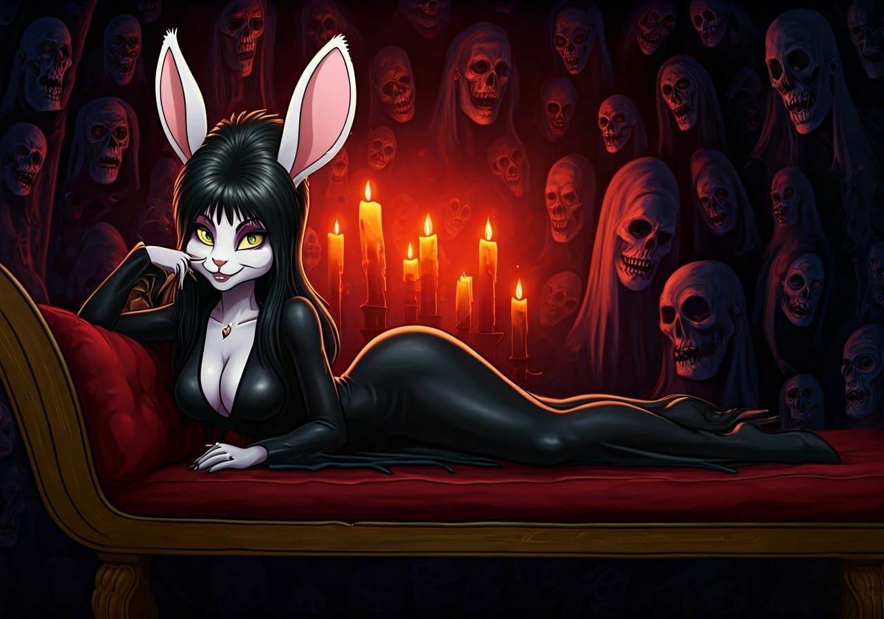 Anthropomorphic Rabbit as Elvira, Mistress of the Dark