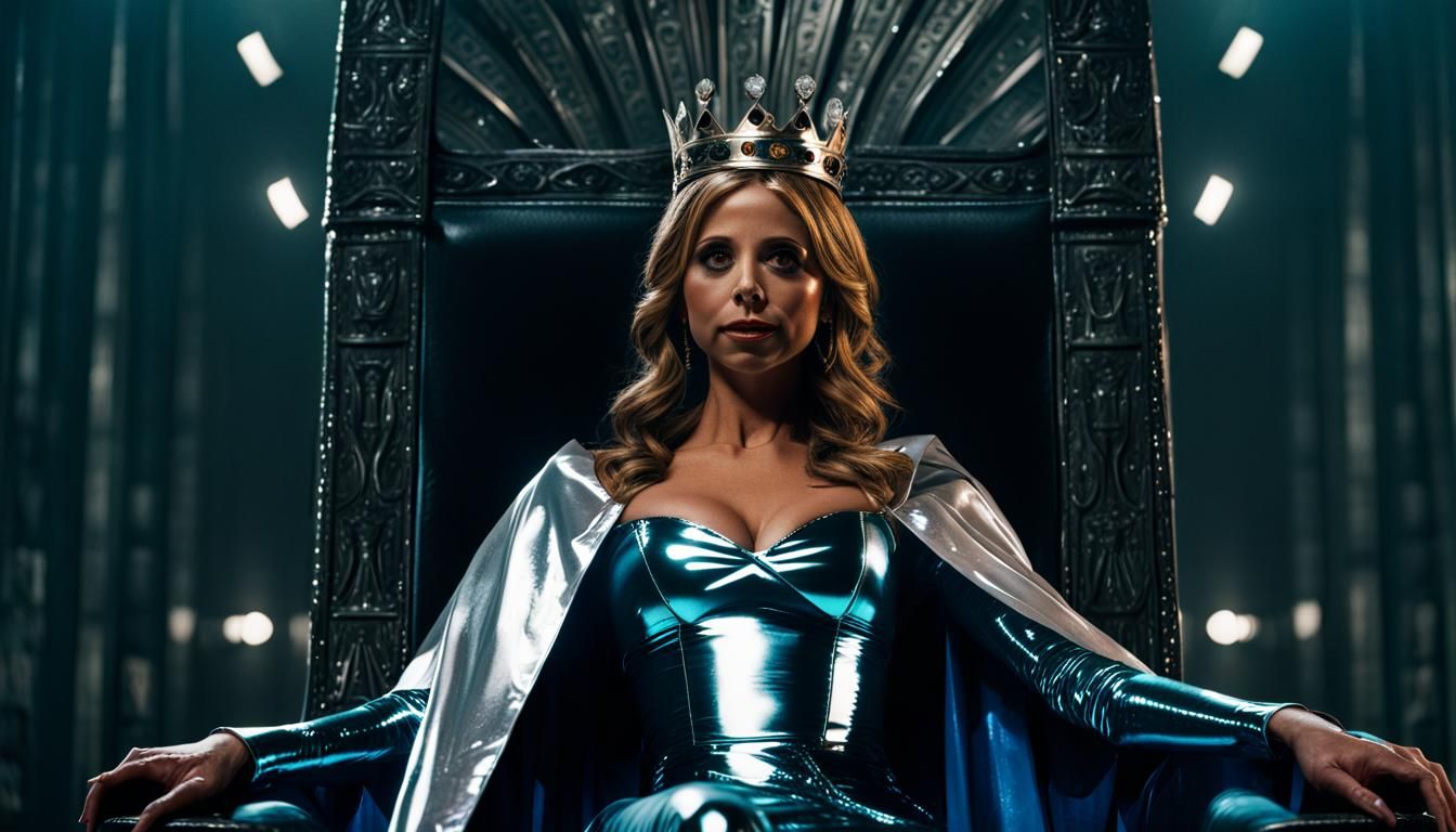 Woman in Latex on Throne: Cinematic Film Still
