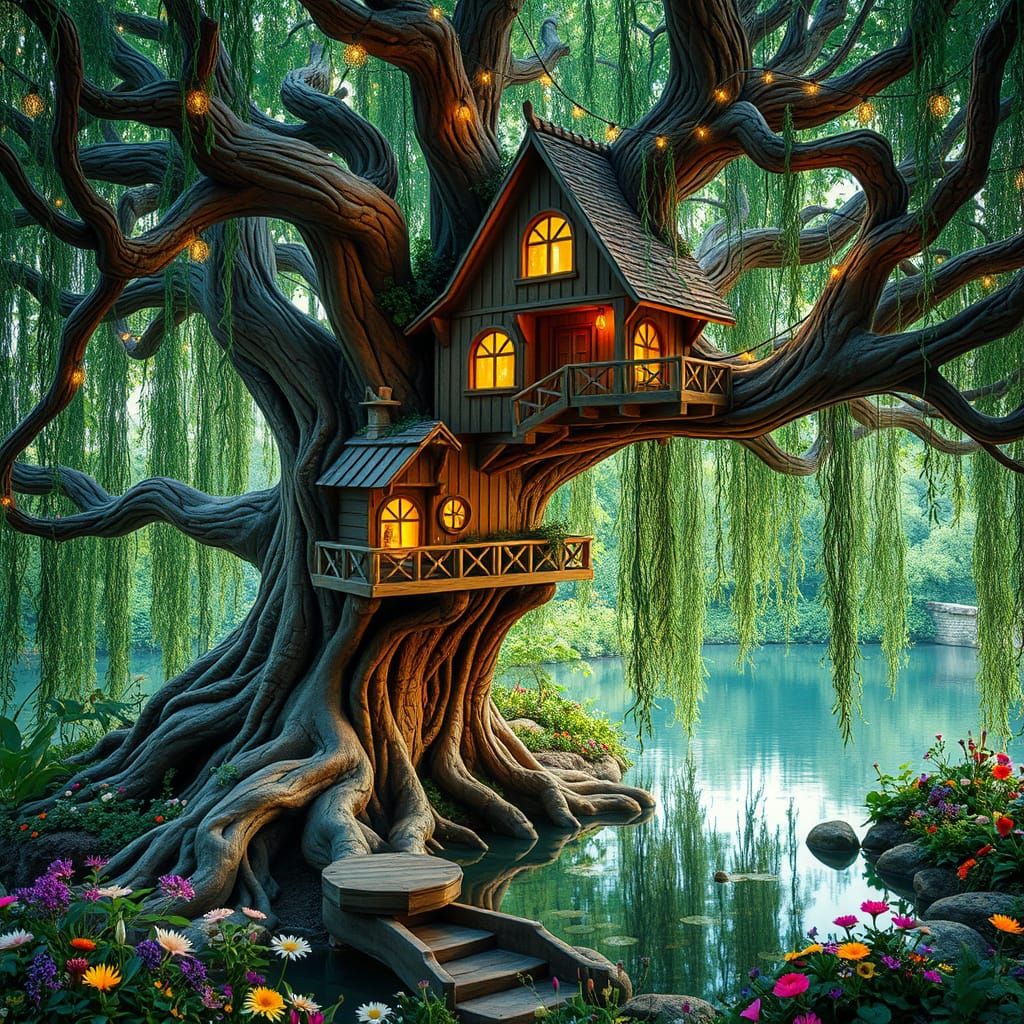 Whimsical Wooden Treehouse Amidst Ancient Willow and Serene ...