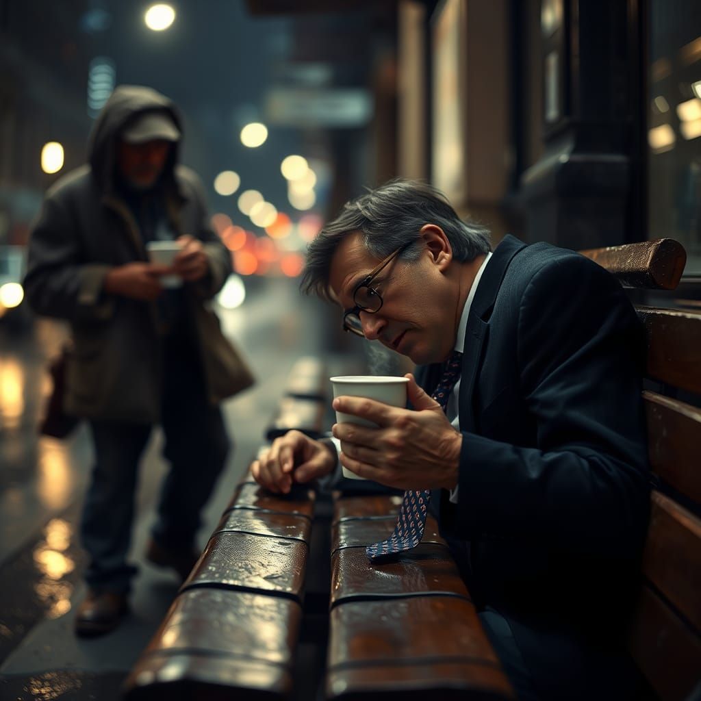 Hyperrealistic Image of Kindness on a Rainy Night