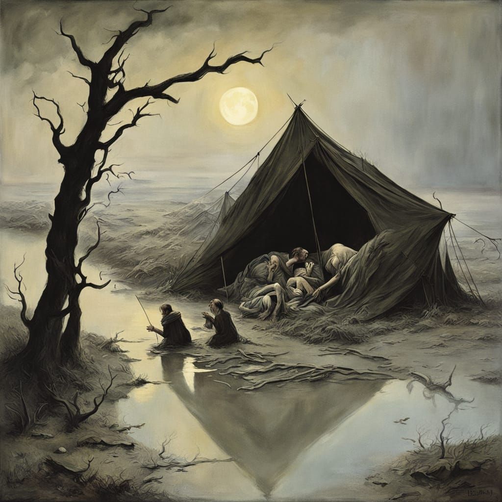 Ethereal Nymph by Desolate Riverbank in Surreal Style