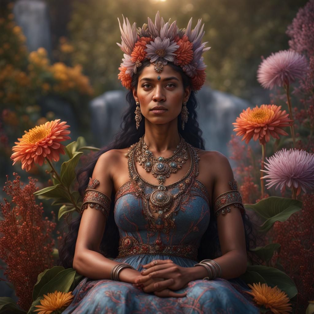 Amerindian Woman on Flower Throne: Detailed Matte Painting