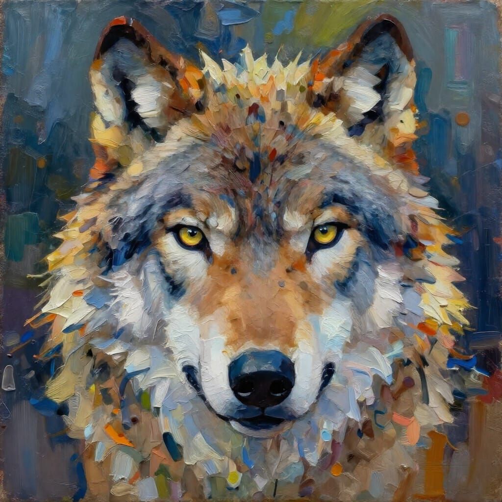 Semi Abstract Wolf Portrait in Impasto Oil Style