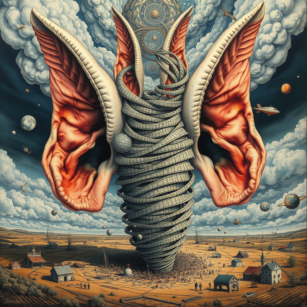 Surreal Ear Tornado: Mixed Media Shin Hanga Art