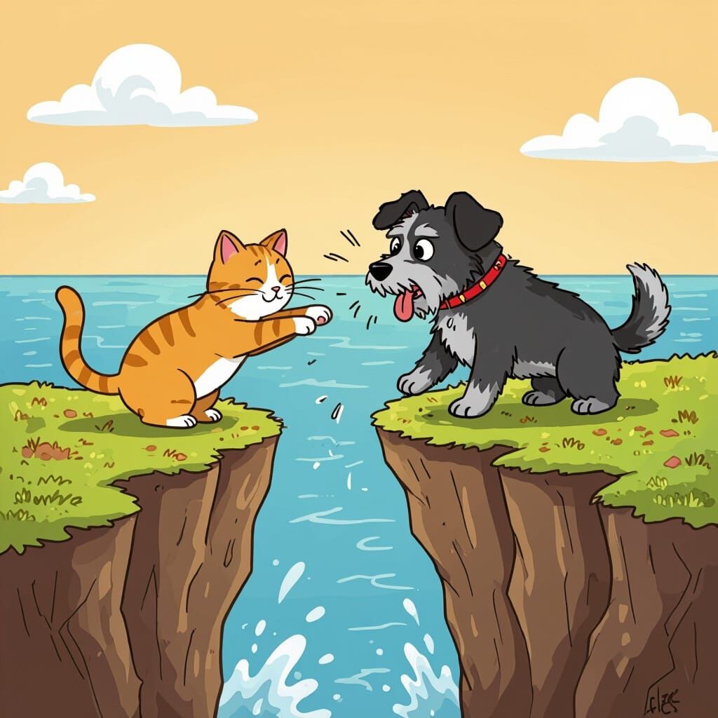 Cat and Dog Cliffside Wrestle in Cartoon Style