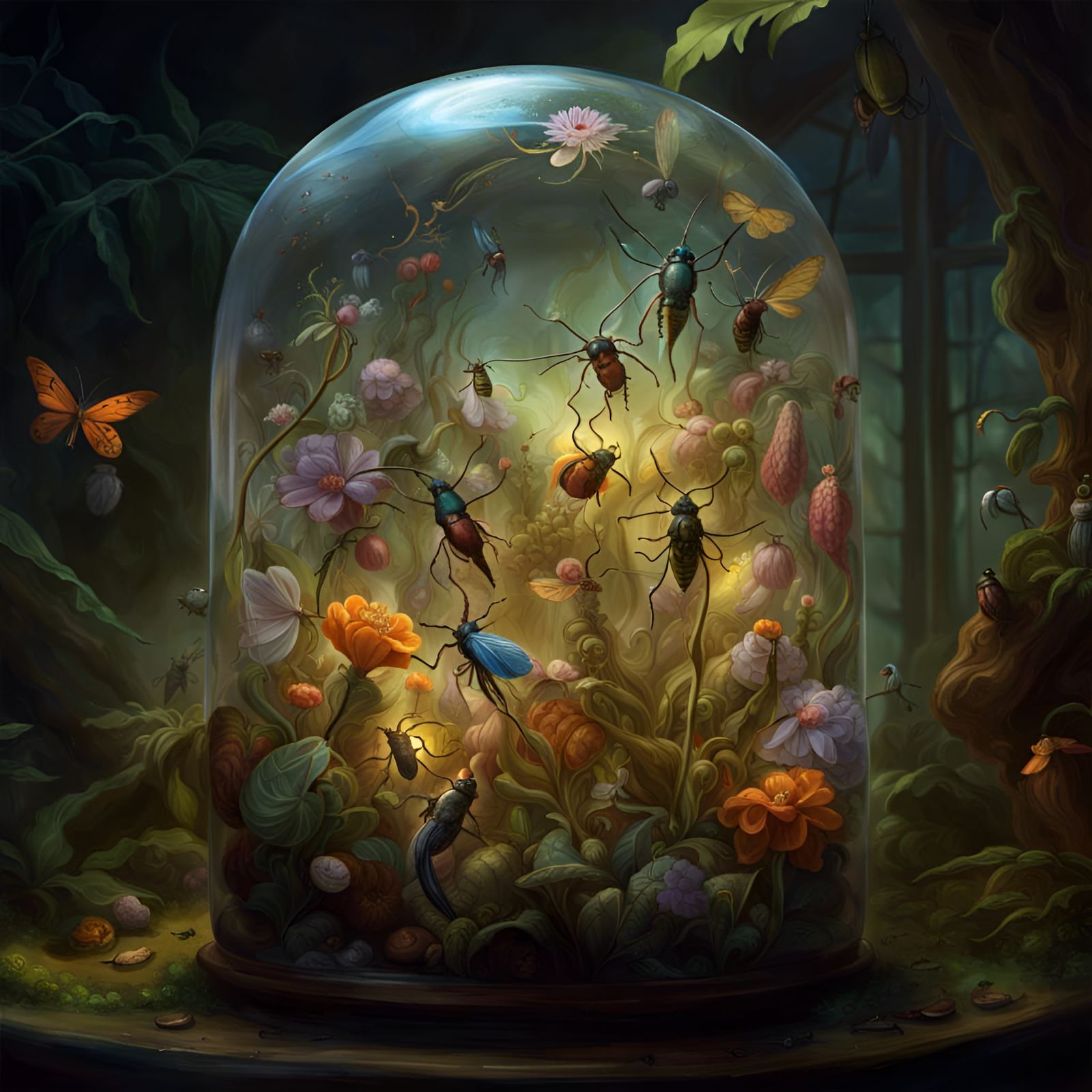 Botanical Garden in a Bottle with Fireflies