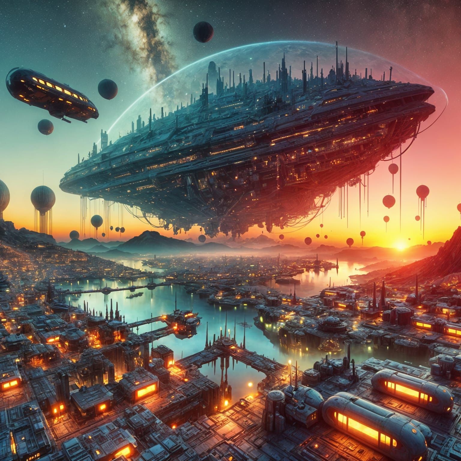 Floating Island Spaceship Over Biopunk City