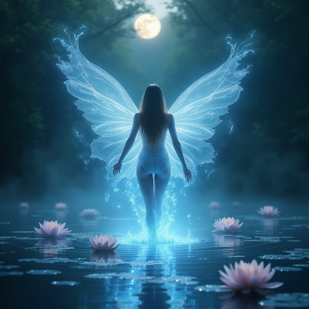 Luminous Water Fairy Emerges from Mystical Lake in Dreamlike...