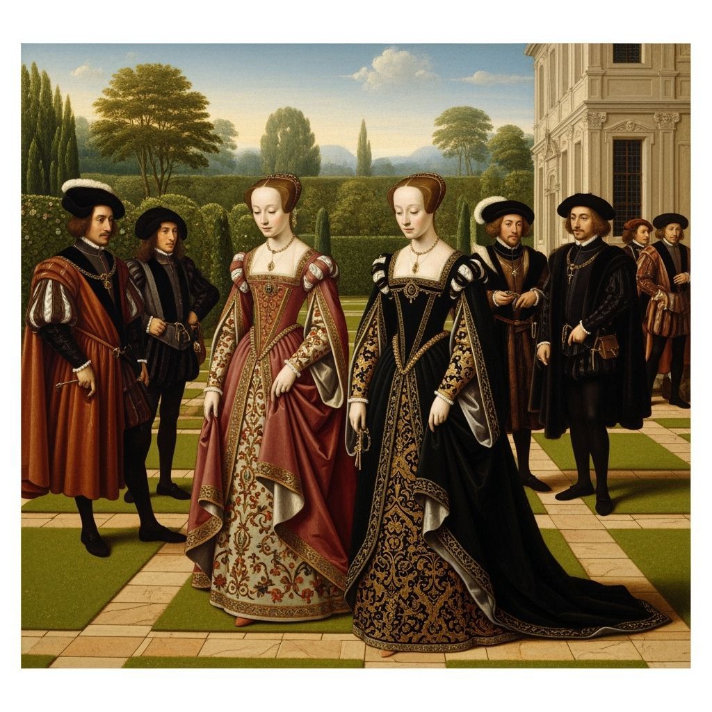 Tudor Garden Scene with Elegant Women and Courtiers in Holbe...
