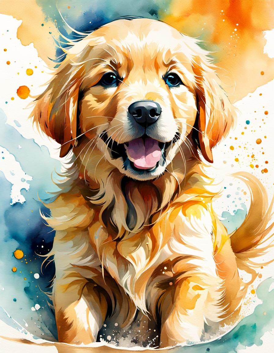 Golden Retriever Puppy: Watercolor Manga Splash Art