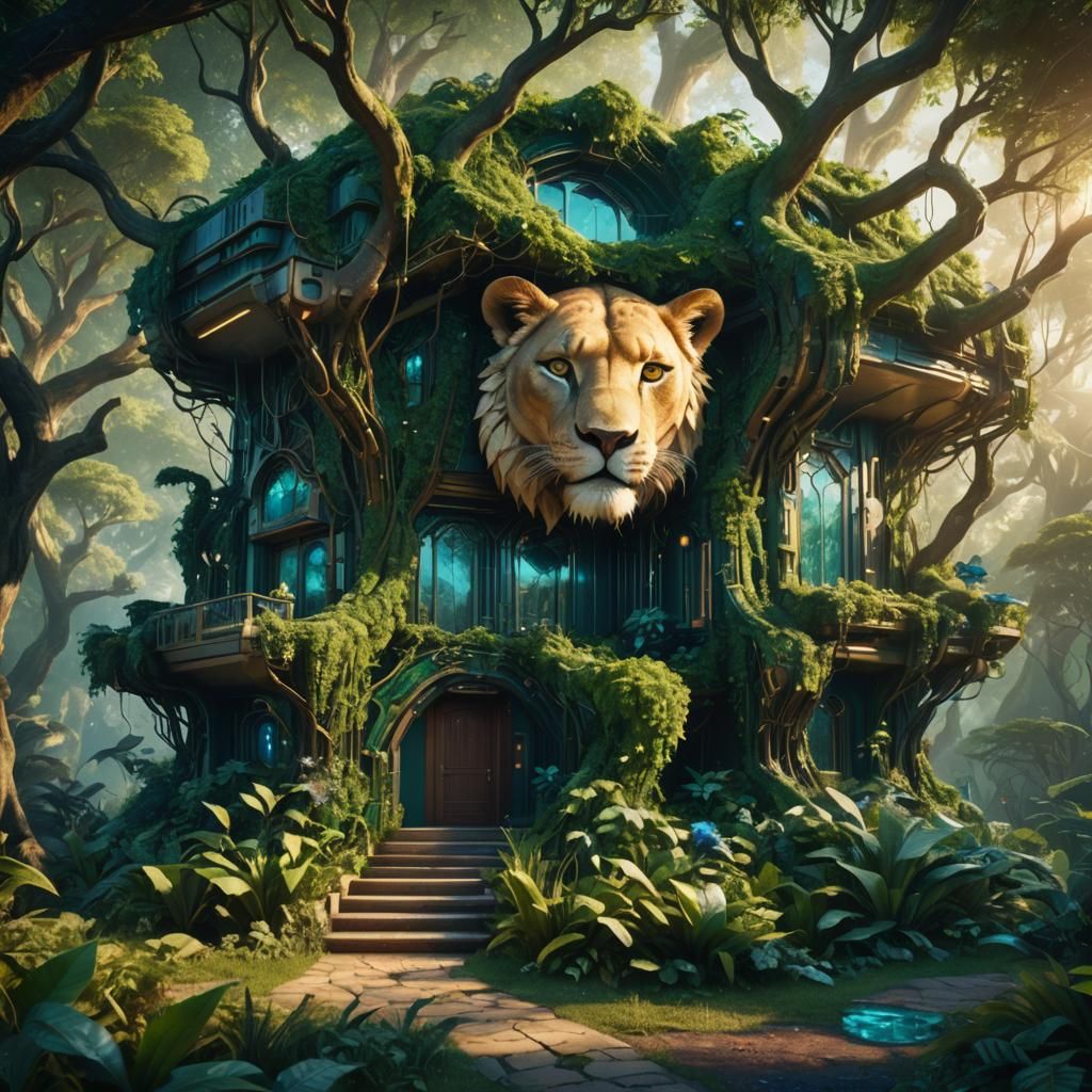 Futuristic Lioness House in Emerald Forest