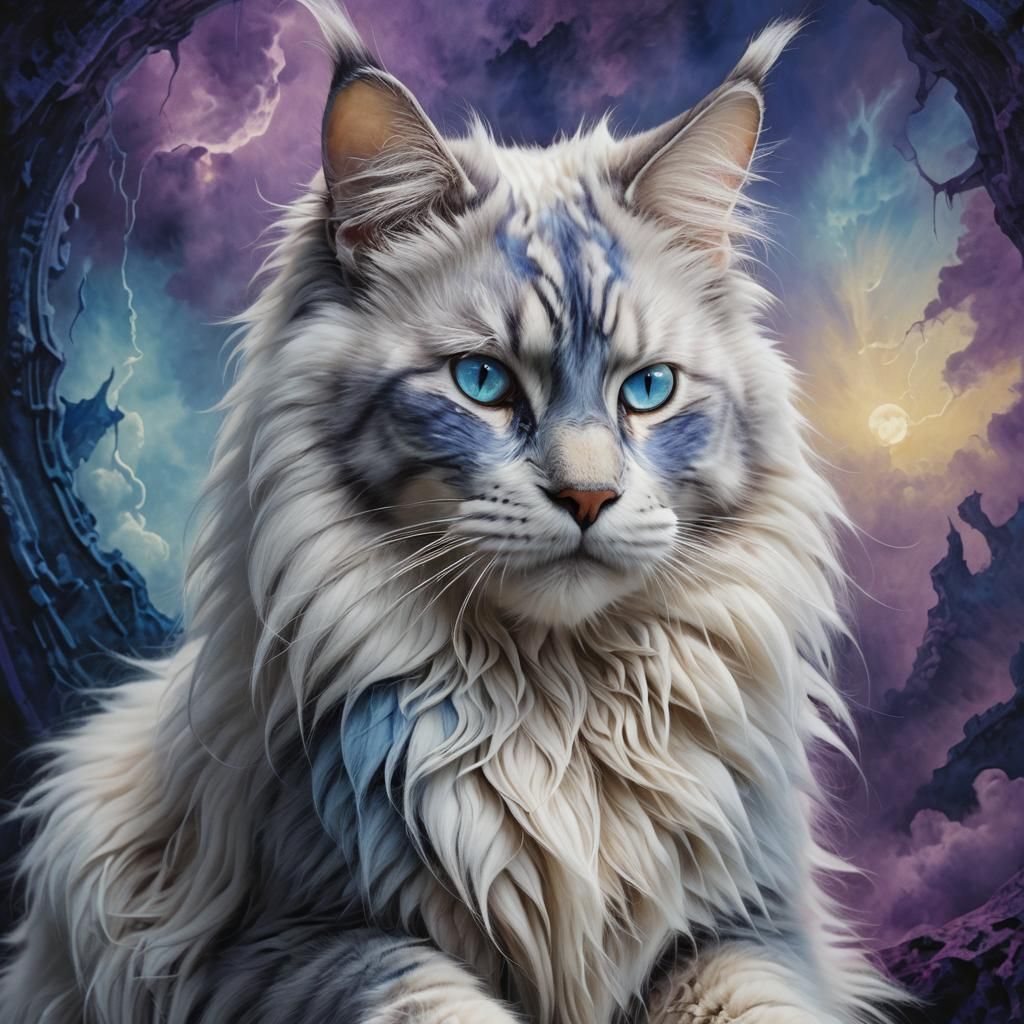 Majestic Blue-Eyed Maine Coon in Dark Fauvism Style