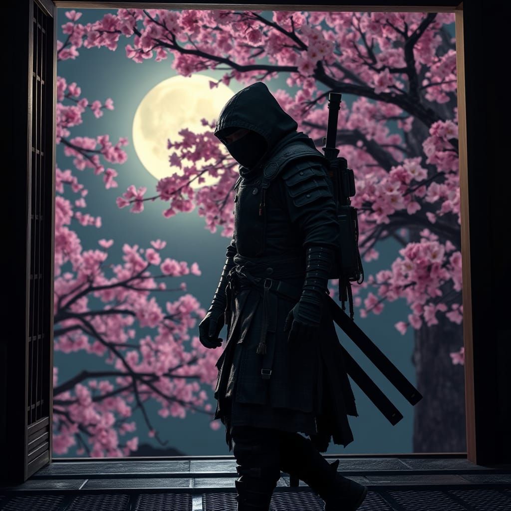 Ninja Emerges from Shadow in Moonlit Anime Style