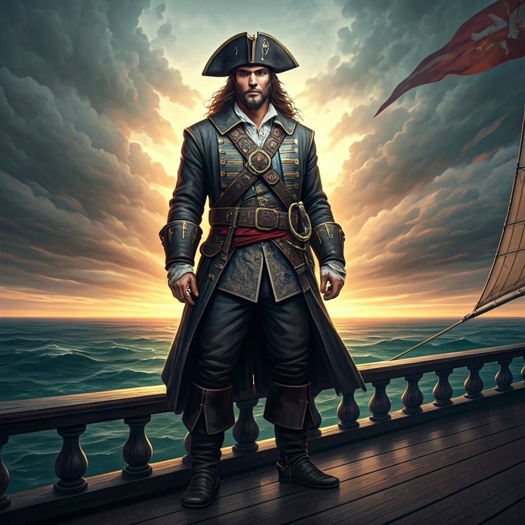 Regal Captain on Quarterdeck Amidst Turbulent Seas