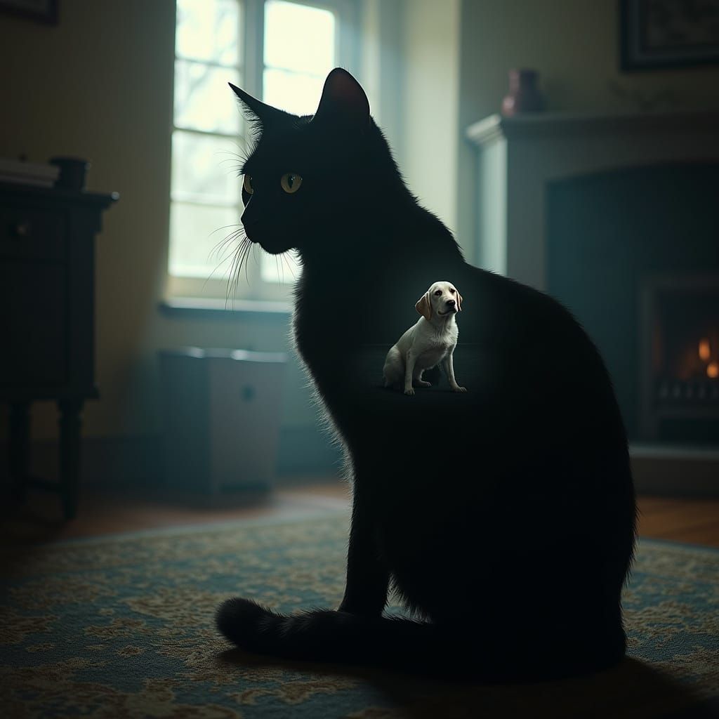 Surreal Double Exposure of Cat, Dog, and Cottage Interior