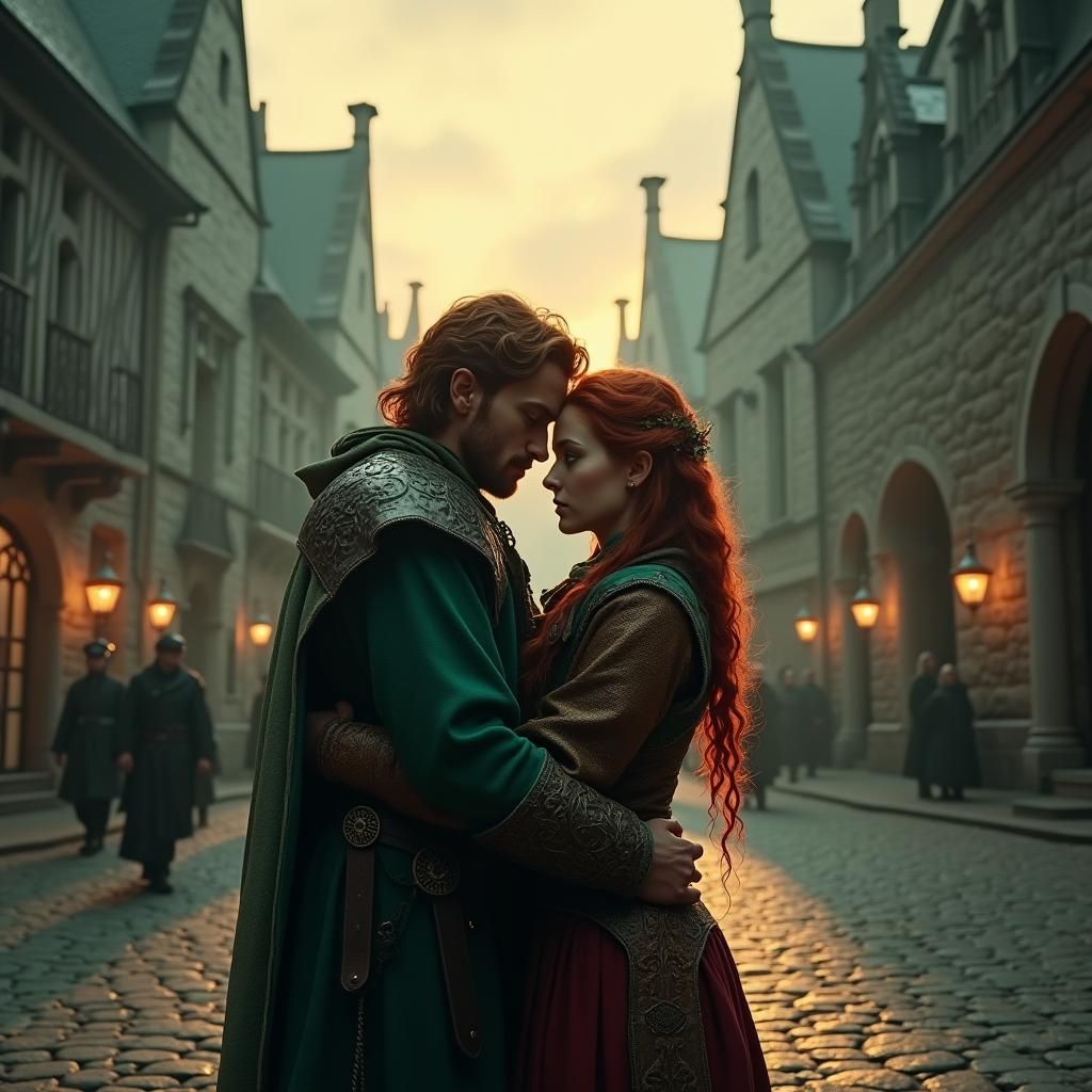 Medieval Couple Embrace in Misty Town Square