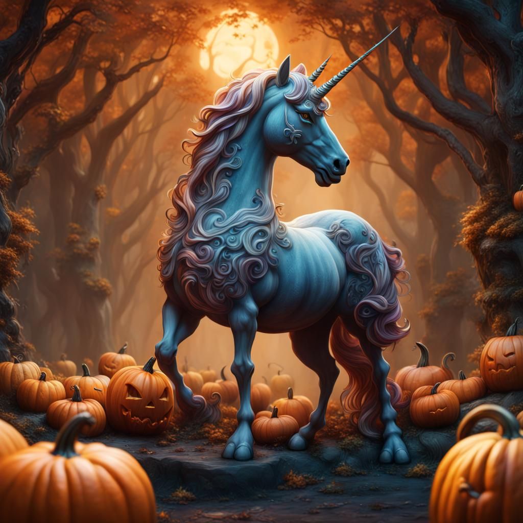 Detailed Unicorn Carved Pumpkin in Fantasy Style