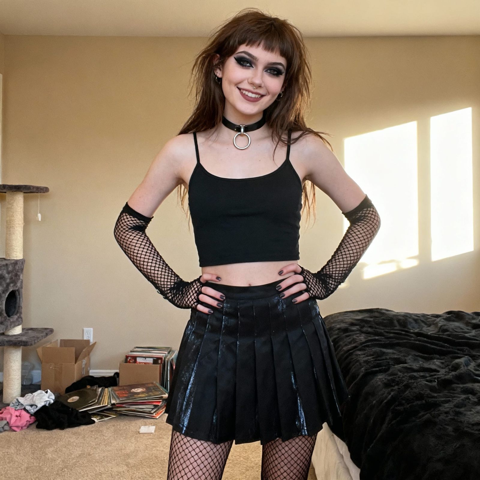Goth Woman Poses Confidently in Casual Bedroom