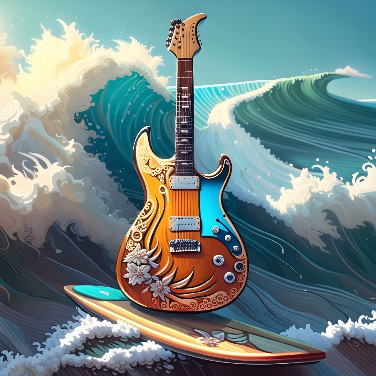 Electric Guitar Surfing a Wave on Hot Beach