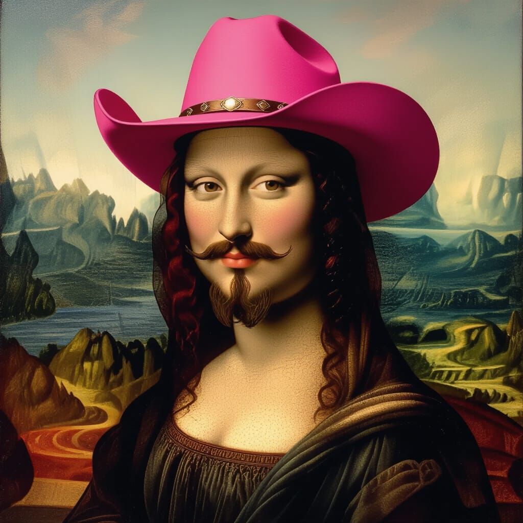 Mona Lisa Sports Pink Cowboy Hat and Beard in Sfumato Style