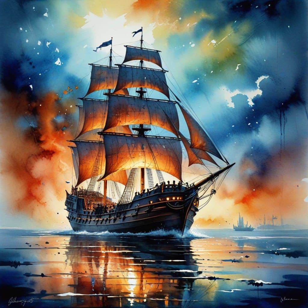 Watercolor Sailing Ship Navigating Stormy Seas