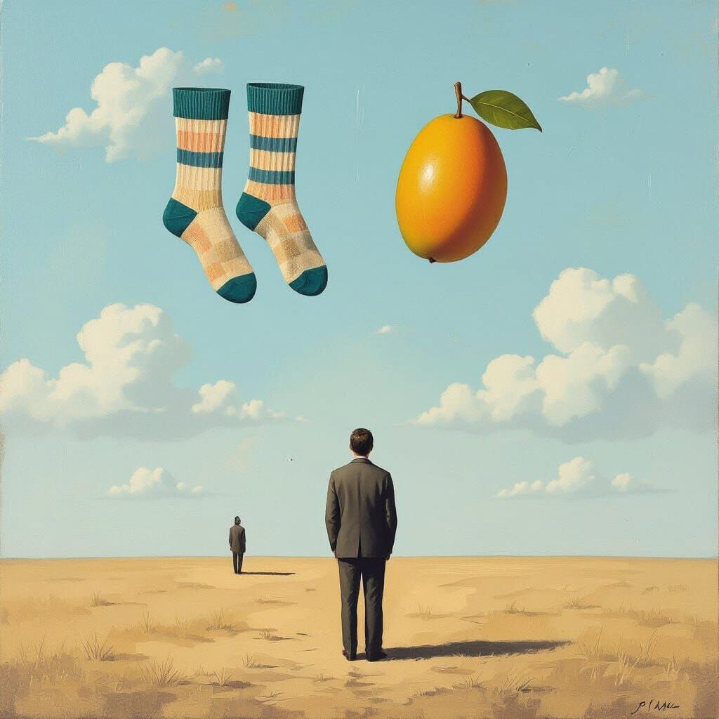 Surreal Oil Painting of Man with Floating Socks and Mango