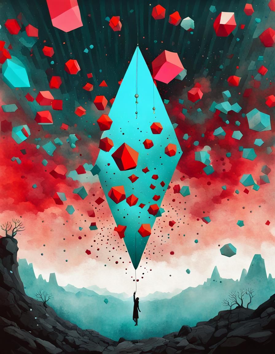 Surreal Upside-Down Landscape with Falling Hexagons